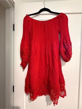 Red Dress Boutique Red Off-Shoulder Peasant Dress with Lace Sleeves